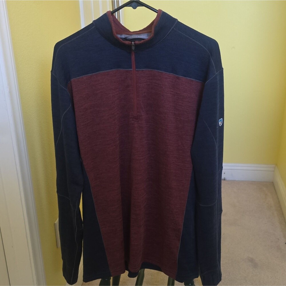 Kuhl Men's XL Colorblock Mock Neck 1/4 Zip Sweatshirt Blue/Red Logo